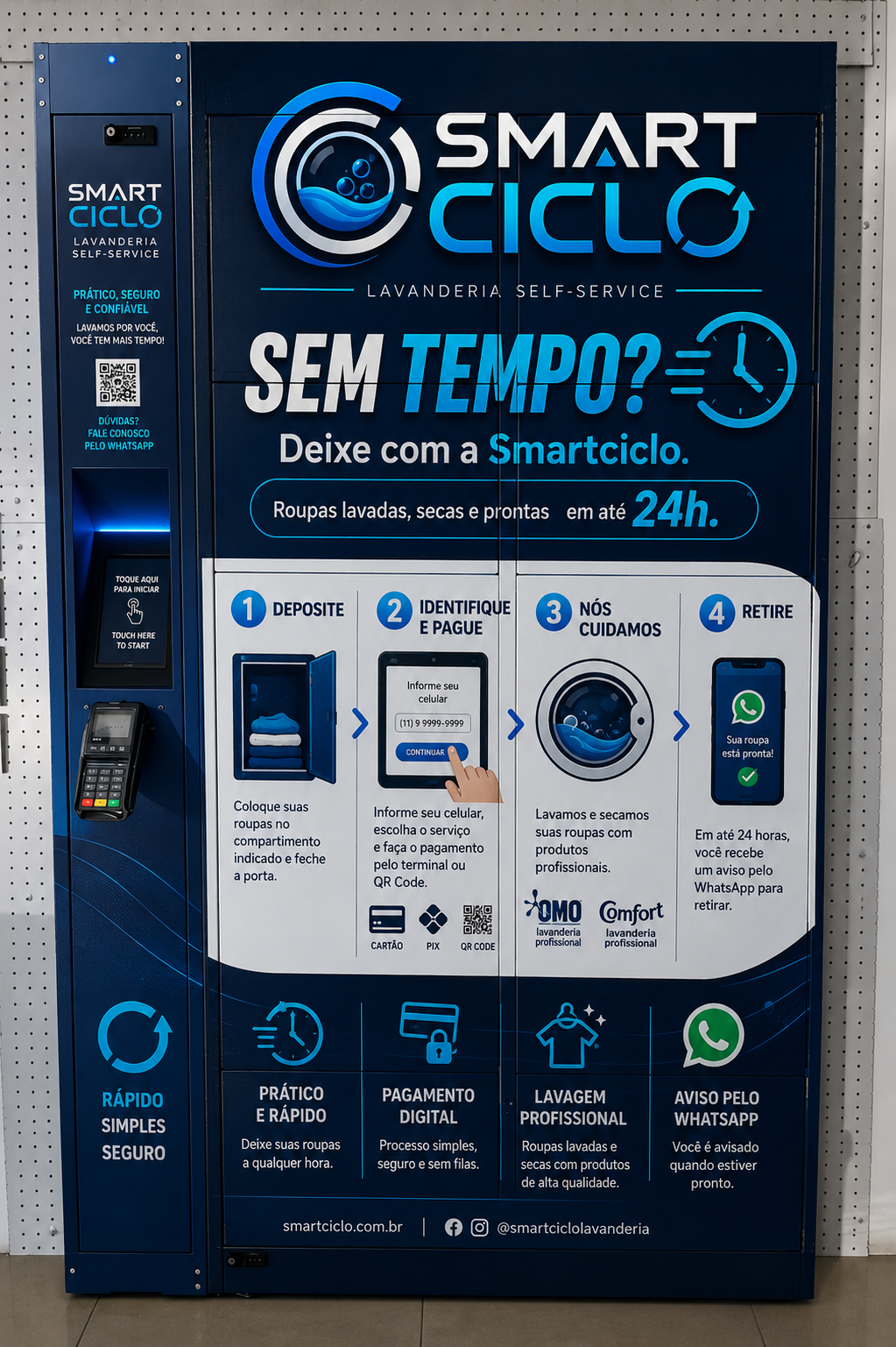 Armário Smartciclo 24h com compartimentos e terminal de atendimento